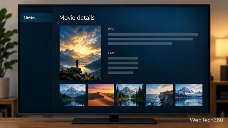 На экране с подробной информацией о фильме в стиле Kodi отображается общий постер, разделы «Сюжет» и «Актерский состав» с пустыми строками-заполнителями, а также ряд дополнительных миниатюр фильмов.