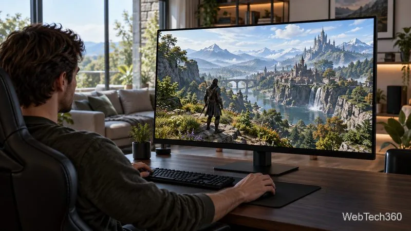 Na dużym monitorze komputera stacjonarnego można oglądać szczegółowy krajobraz fantasy w grze dla jednego gracza.
