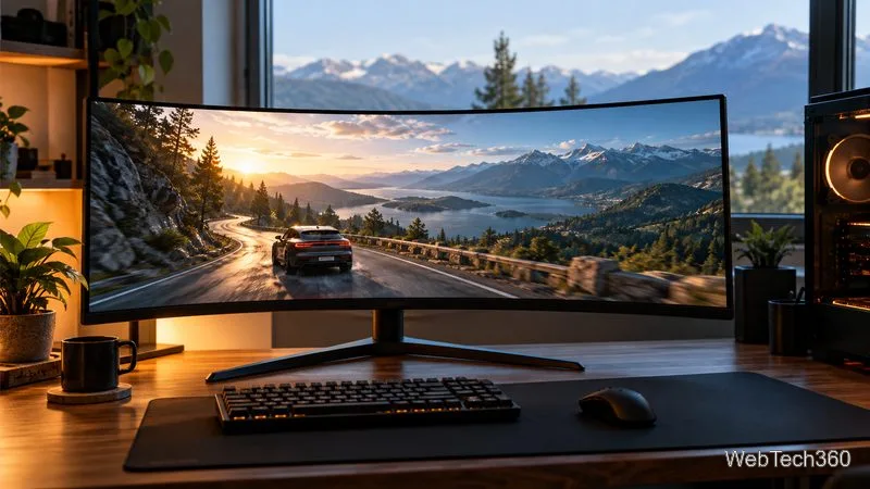 Zakrzywiony, ultraszeroki monitor wyświetla panoramiczną grę wyścigową na biurku do gier.