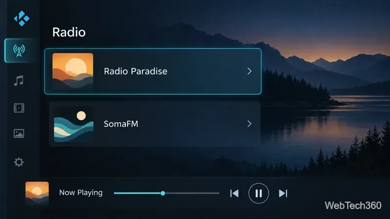 Радиоинтерфейс в стиле Kodi, отображающий Radio Paradise и SomaFM над панелью воспроизведения.