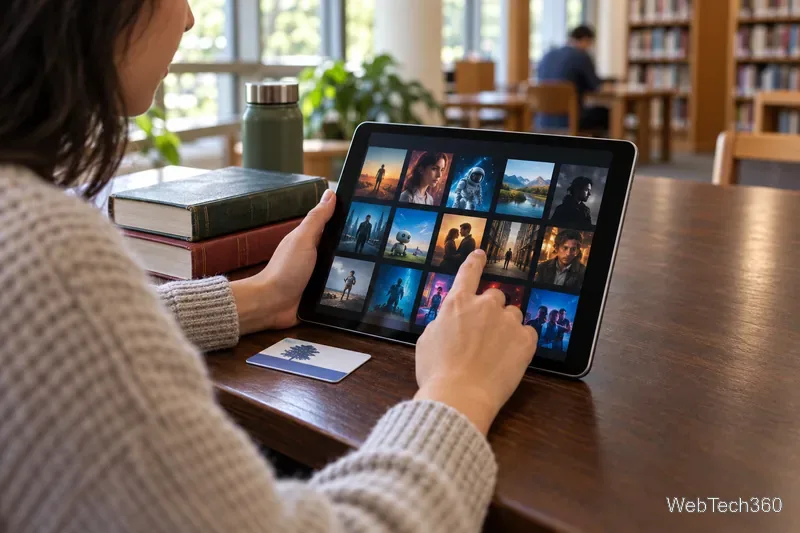 A library patron browses a film catalog on a tablet beside books