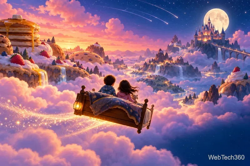 二人の兄妹が、雲、食べ物の形をした丘、月明かりに照らされた城など、光り輝く夢のような風景の上を、浮かぶベッドに乗って進んでいる。
