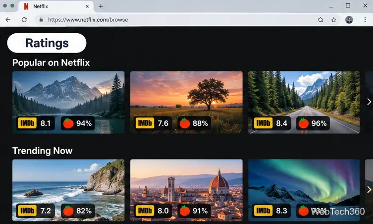 Griglia scura del catalogo di streaming con titoli di copertina suggestivi e badge di valutazione in stile IMDb e Rotten Tomatoes sotto le immagini.