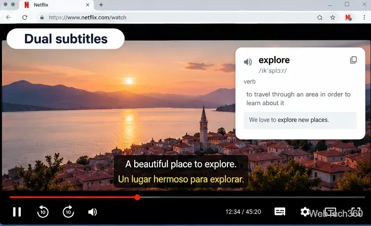 Lettore video del browser che mostra una città costiera al tramonto, sottotitoli in inglese e spagnolo e una piccola finestra a comparsa del dizionario per la parola "esplorare".