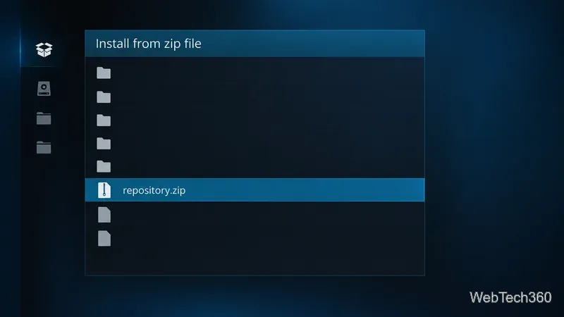 Kodi 風格的從 zip 檔案安裝畫面模型,已選擇 repository.zip 檔案。