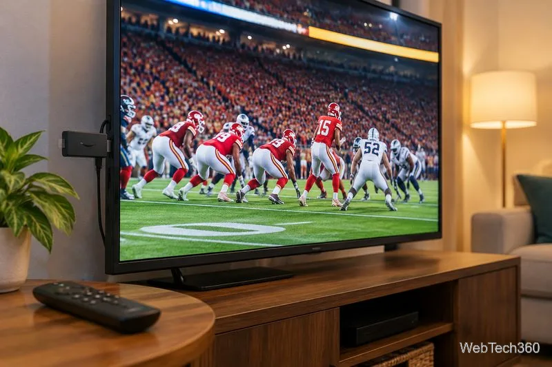 Na ekranie telewizora wyświetlany jest mecz futbolu amerykańskiego, a obok niego znajduje się urządzenie do strumieniowania, prezentujące domowe zaplecze do transmisji wydarzeń sportowych na żywo.