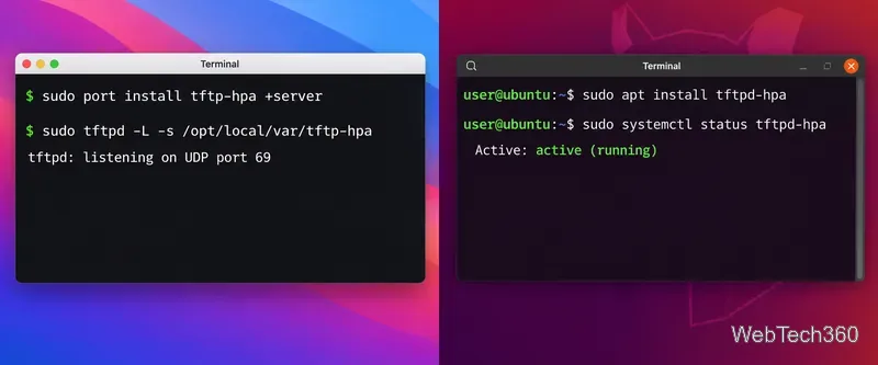 macOSおよびUbuntuのターミナルウィンドウに、tftp-hpaのインストールコマンドとサービスコマンドが表示されている。