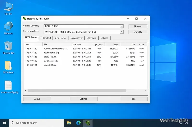 TFTPルートディレクトリ、サーバーインターフェース、およびファイル転送リストを表示するTftpd64スタイルのWindowsインターフェース