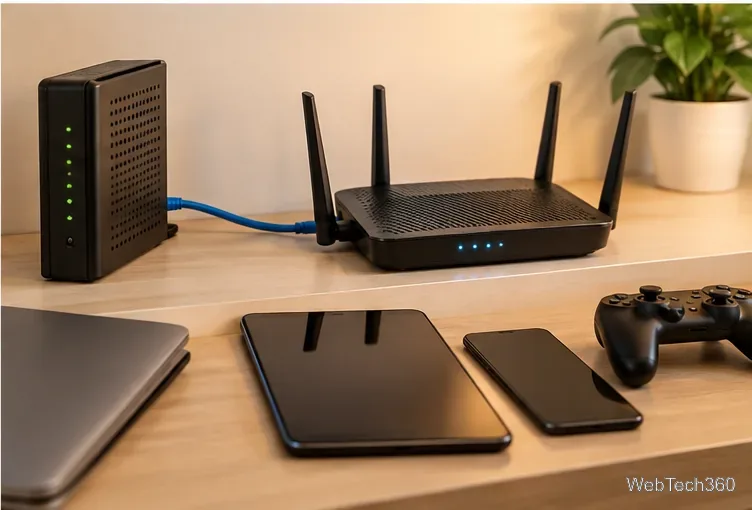 モデムはイーサネットケーブルで2台目のWi-Fiルーターに接続されており、近くにはノートパソコン、タブレット、スマートフォン、ゲームコントローラーが置かれている。