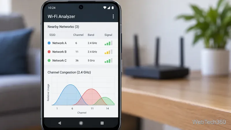 Стандартный экран анализатора Wi-Fi для Android с отображением близлежащих сетей, каналов, диапазонов, индикаторов уровня сигнала и графика загруженности канала.