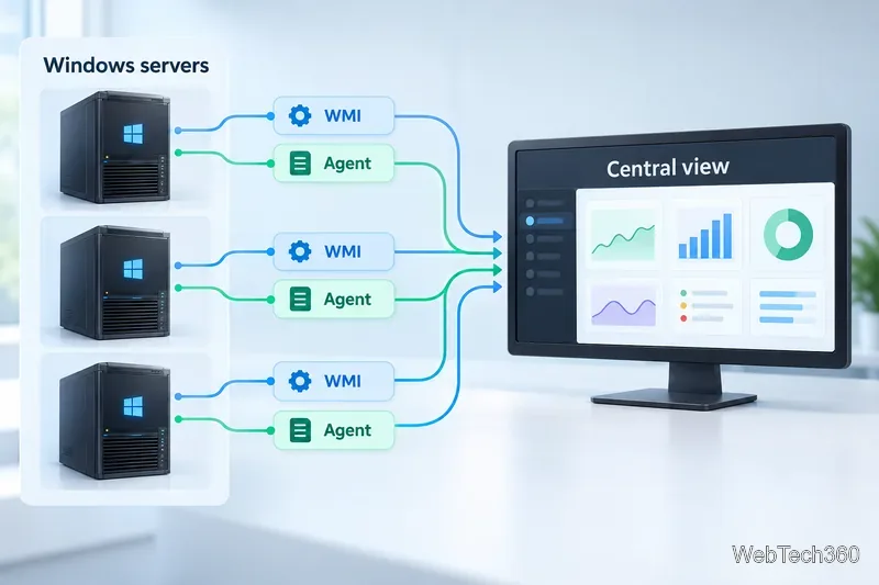 Windows servers sending monitoring data through WMI or an installed agent to a central console.