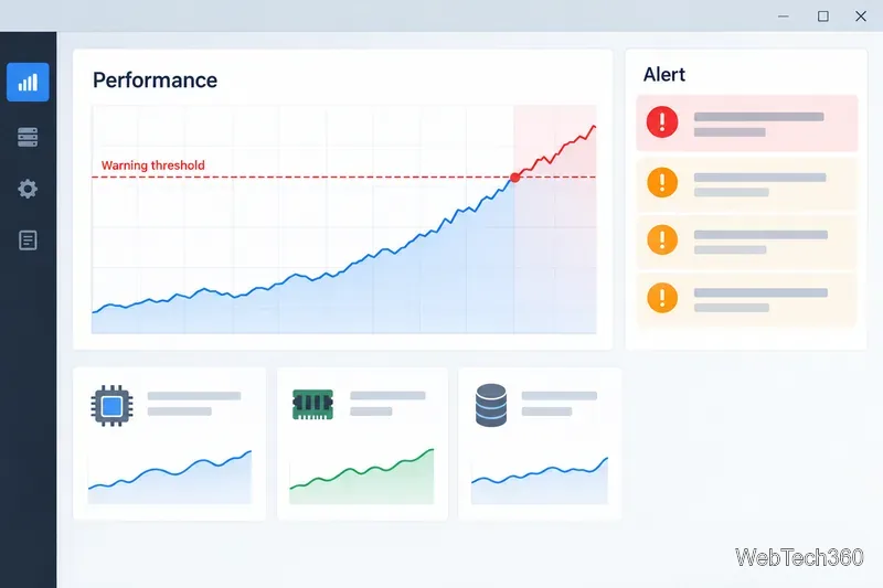 Performance trend crossing a warning threshold beside a queue of monitoring alerts.
