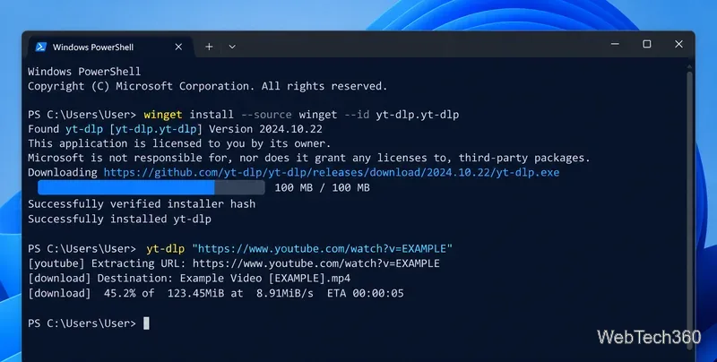 Janela do Windows PowerShell mostrando a instalação do winget e um comando yt-dlp com o progresso do download.