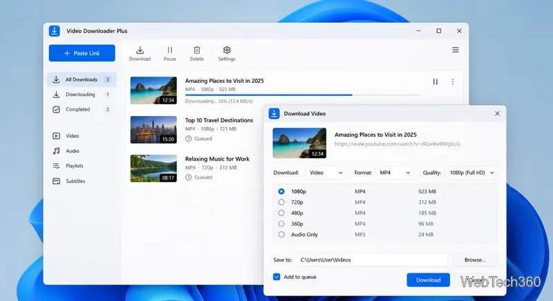 Janela do Windows 11 para baixar vídeos, com URL colada, opções de formato MP4, configurações de resolução e fila de downloads.