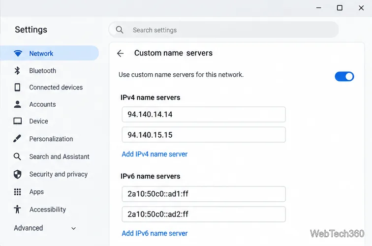 AdGuardのパブリックIPv4およびIPv6アドレスを含むChromeOSカスタムネームサーバーフィールド