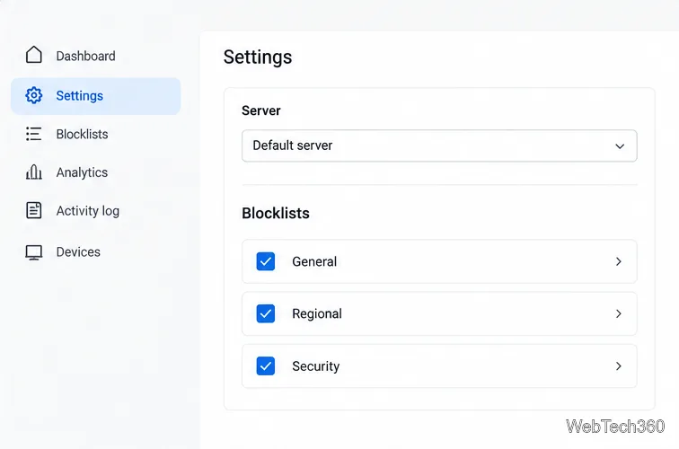 選択したサーバーの一般、地域、およびセキュリティのブロックリストカテゴリを表示するAdGuard DNSダッシュボード