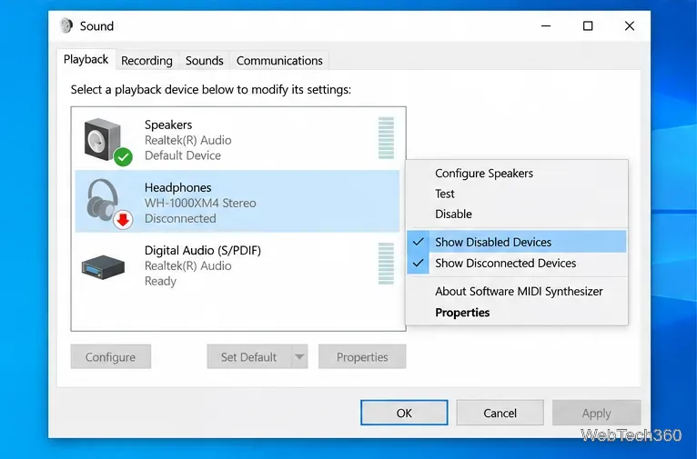 Windows Sound Playback tab with Show Disabled Devices and Show Disconnected Devices enabled