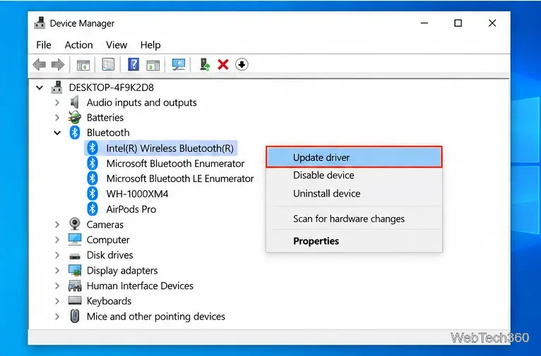 Windows 10 Device Manager with Update driver selected for the Bluetooth adapter