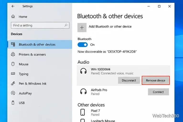 Windows 10 Bluetooth and other devices page showing the Remove device option for a paired headset