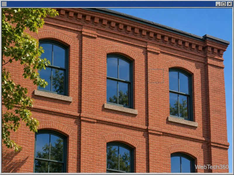 A brick facade fills a simple BMP preview window, with a small dashed rectangle marking an area selected for zooming.