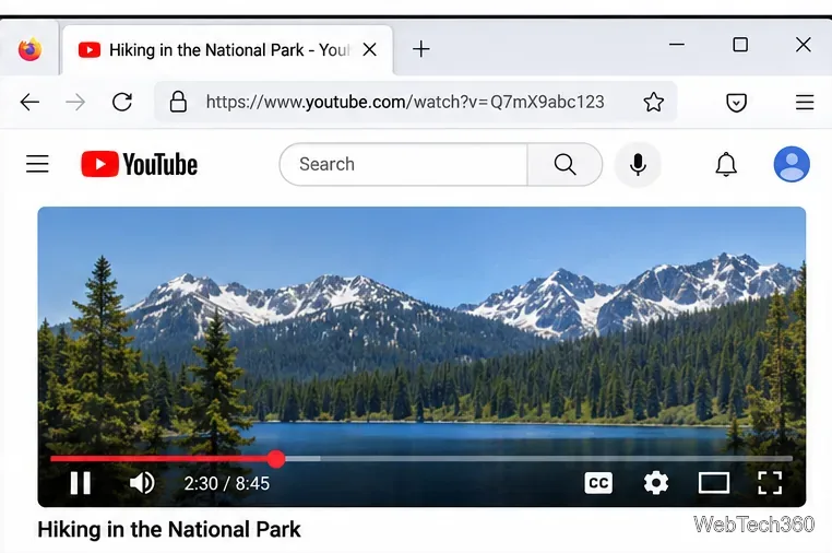 Pagină de vizionare YouTube pentru Firefox cu redare video despre drumeții la 2 minute și 30 de secunde