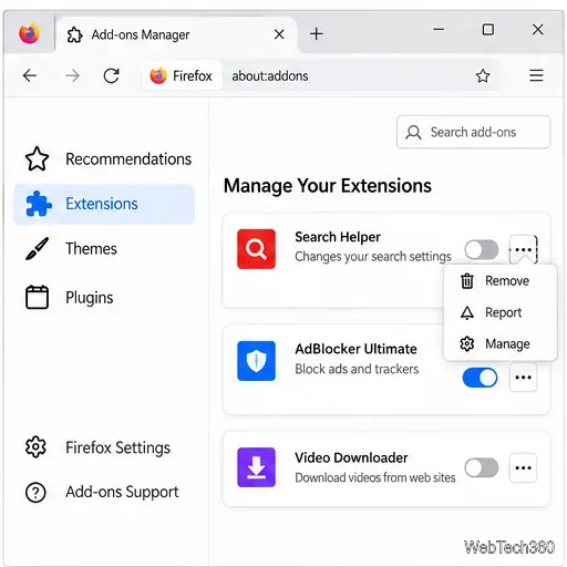 Менеджер дополнений Firefox отображает установленные расширения и команду «Удалить».