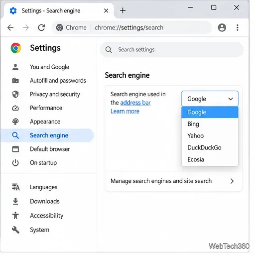 Страница настроек Chrome с открытым меню «Поисковая система»