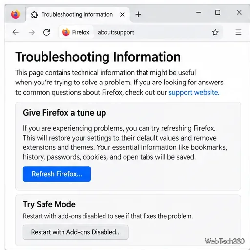 Страница с информацией по устранению неполадок Firefox и кнопкой «Обновить Firefox».