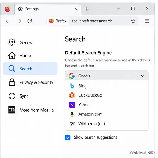В настройках поиска Firefox отображается список поисковых систем по умолчанию.