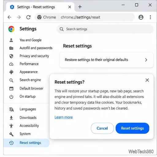 Диалоговое окно подтверждения сброса настроек Chrome