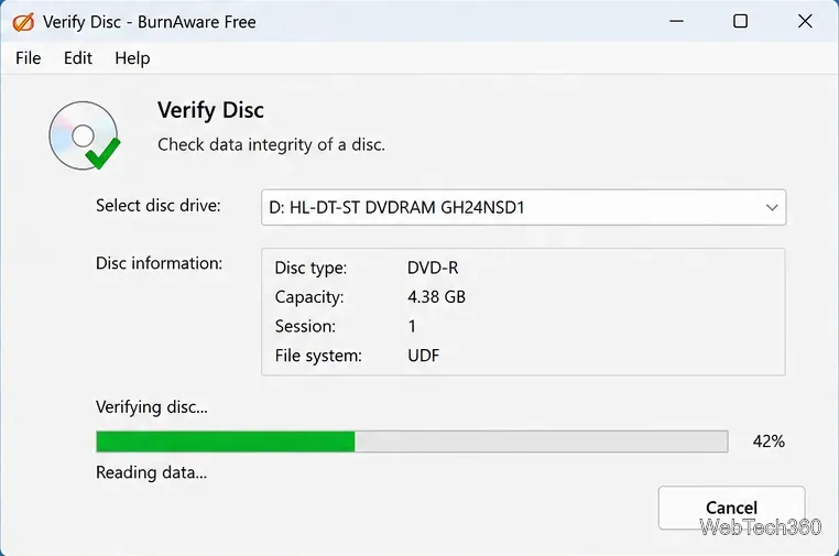 La fenêtre « Vérifier le disque » affiche le lecteur DVD sélectionné, les informations du disque et un indicateur de progression de la vérification.