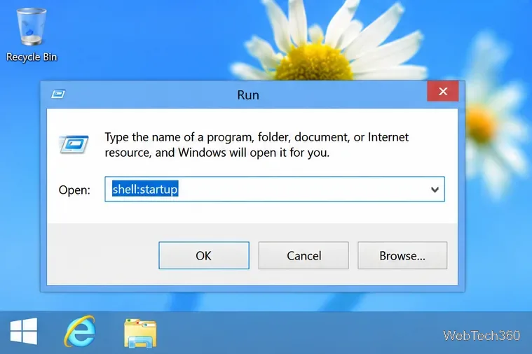 Boîte de dialogue Exécuter de Windows 8 avec shell:startup saisi dans le champ Ouvrir.