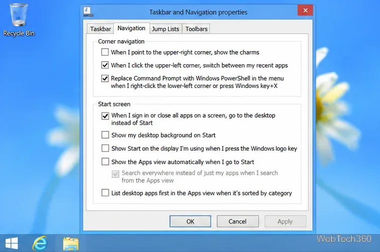 Propriétés de la barre des tâches et de la navigation de Windows 8.1 avec l'option « Bureau à l'ouverture de session » sélectionnée.
