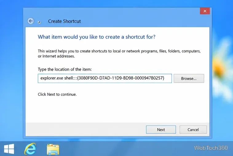 L'assistant de création de raccourcis de Windows 8 affiche la commande « Afficher le Bureau » de l'Explorateur.