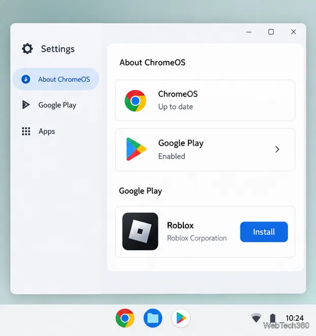 В настройках Chromebook рядом со списком приложений Roblox отображается информация о том, что ChromeOS обновлена ​​и Google Play включен.