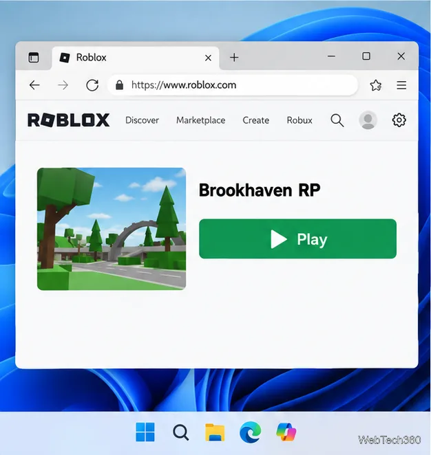 Страница Roblox в настольном браузере с кнопкой «Играть», демонстрирующая поддерживаемый сценарий запуска игры для игроков.