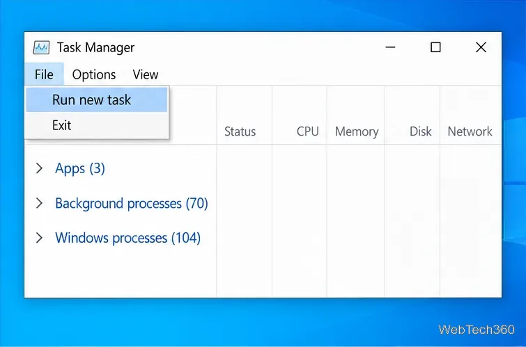Managerul de activități din Windows 10 cu meniul Fișier deschis și opțiunea Executare activitate nouă evidențiată.