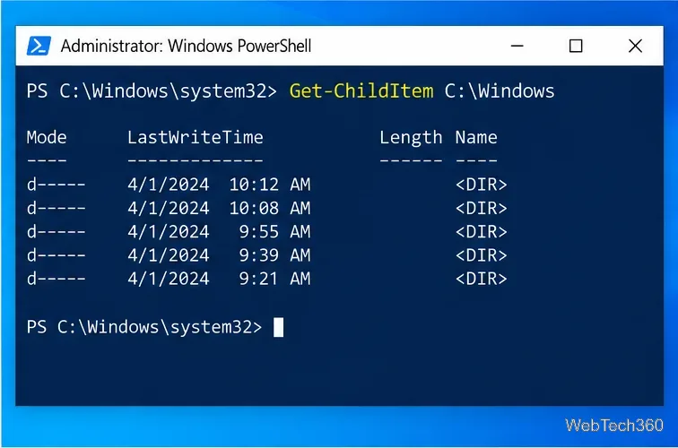 Fereastră Windows PowerShell intitulată Administrator cu o comandă Get-ChildItem inofensivă pentru C:\Windows.