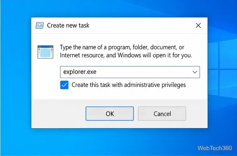 Caseta de dialog Creare sarcină nouă din Windows 10 conține explorer.exe și o opțiune de privilegii administrative bifate.