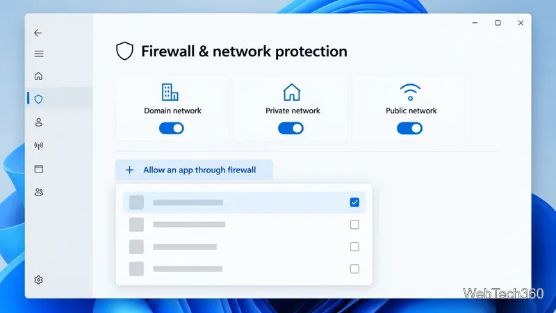 Pagina de protecție a rețelei și a firewall-ului Windows 11 cu opțiunea Permiteți trecerea unei aplicații prin firewall