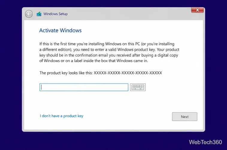 L'écran d'activation de Windows affiche l'option « Je ne possède pas de clé de produit » sous le champ de saisie.