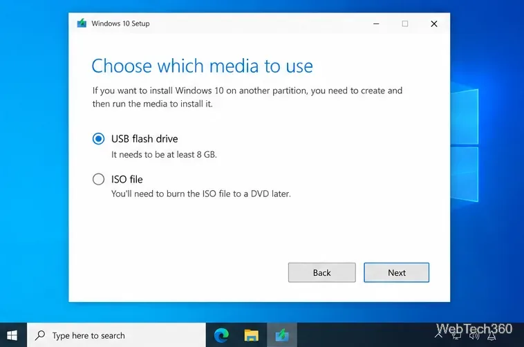 Sélection du support d'installation de Windows 10 : clés USB et fichiers ISO.