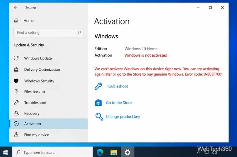 Paramètres d'activation de Windows 10 affichant un échec d'activation et l'option de dépannage.