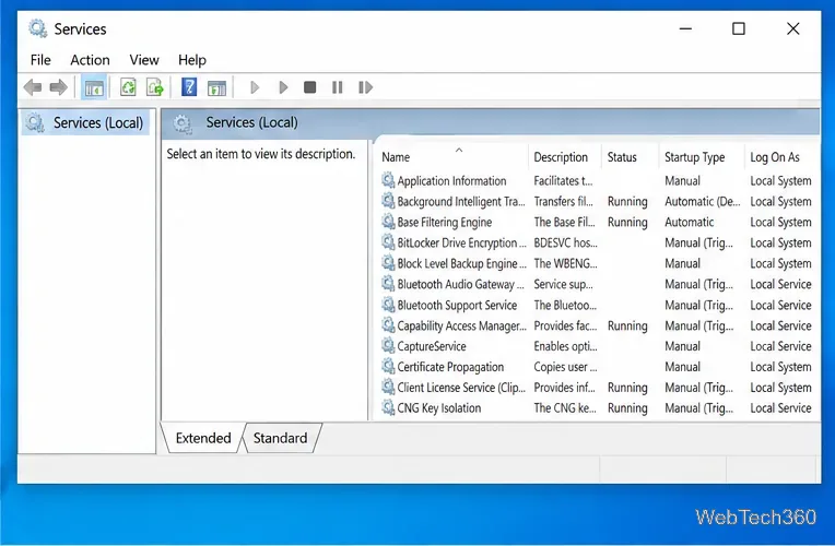 หน้าต่างคอนโซลบริการของ Windows 10 แสดงรายการบริการในเครื่องและคอลัมน์ประเภทการเริ่มต้น