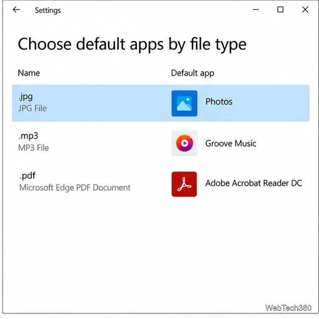 Windows 10 ファイルの種類別に既定のアプリを選択する一覧で、JPG 拡張子が選択されている。