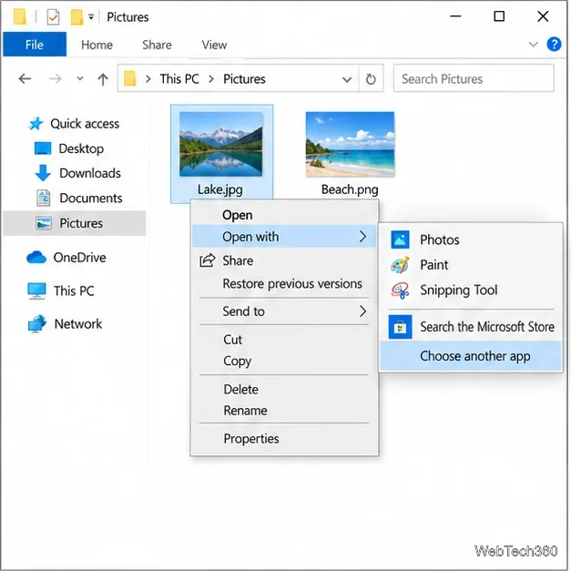 ファイルエクスプローラーのコンテキストメニューで、JPG画像を開き、「別のアプリを選択」がハイライト表示される。