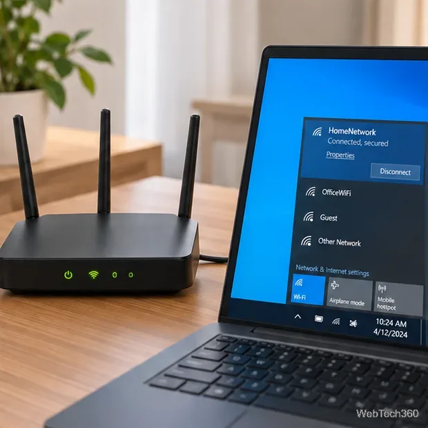 Home Wi-Fi router beside a Windows 10 laptop connected to a wireless network