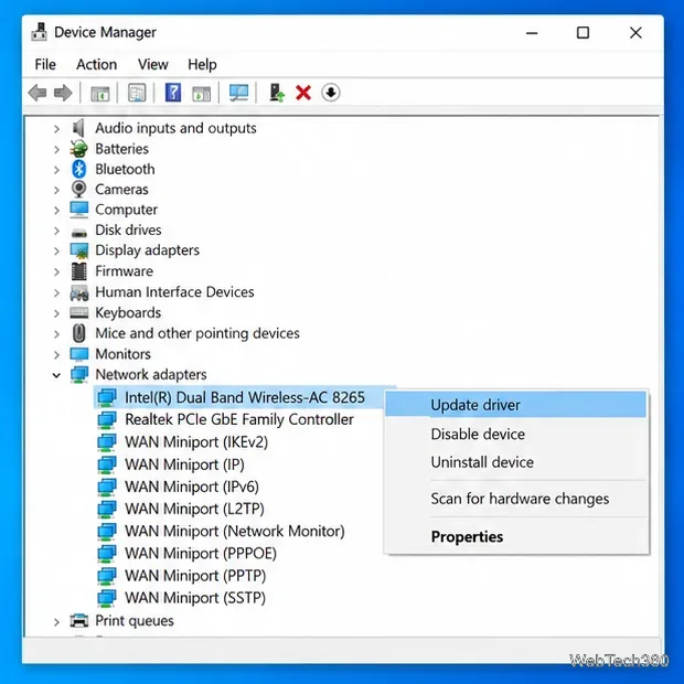 Windows 10 Device Manager with a wireless network adapter selected and driver options visible
