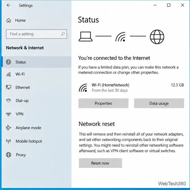 Windows 10 Network and Internet Status page showing the Network reset option and Reset now button