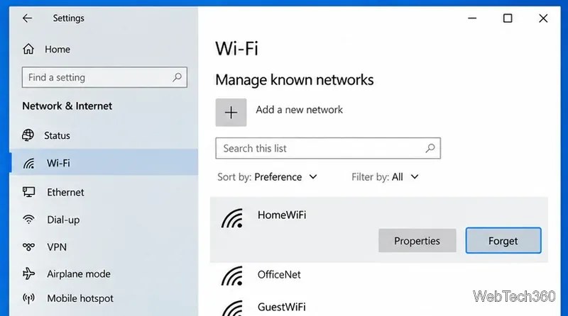 Windows 10 Manage known networks screen with the Forget button selected for a saved Wi-Fi network